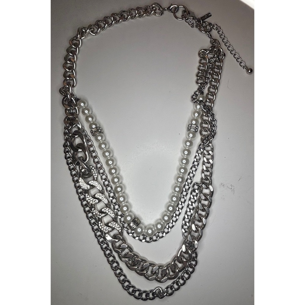White House Black Market WHBM Silver Tone Multi Strand Pearl Chain Necklace - Picture 2 of 4
